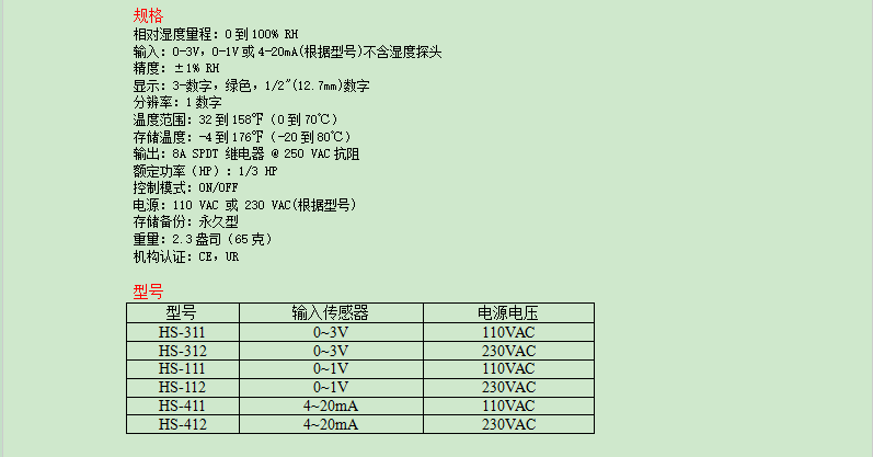 DWYER德威爾 HS系列 數顯濕度開關參數